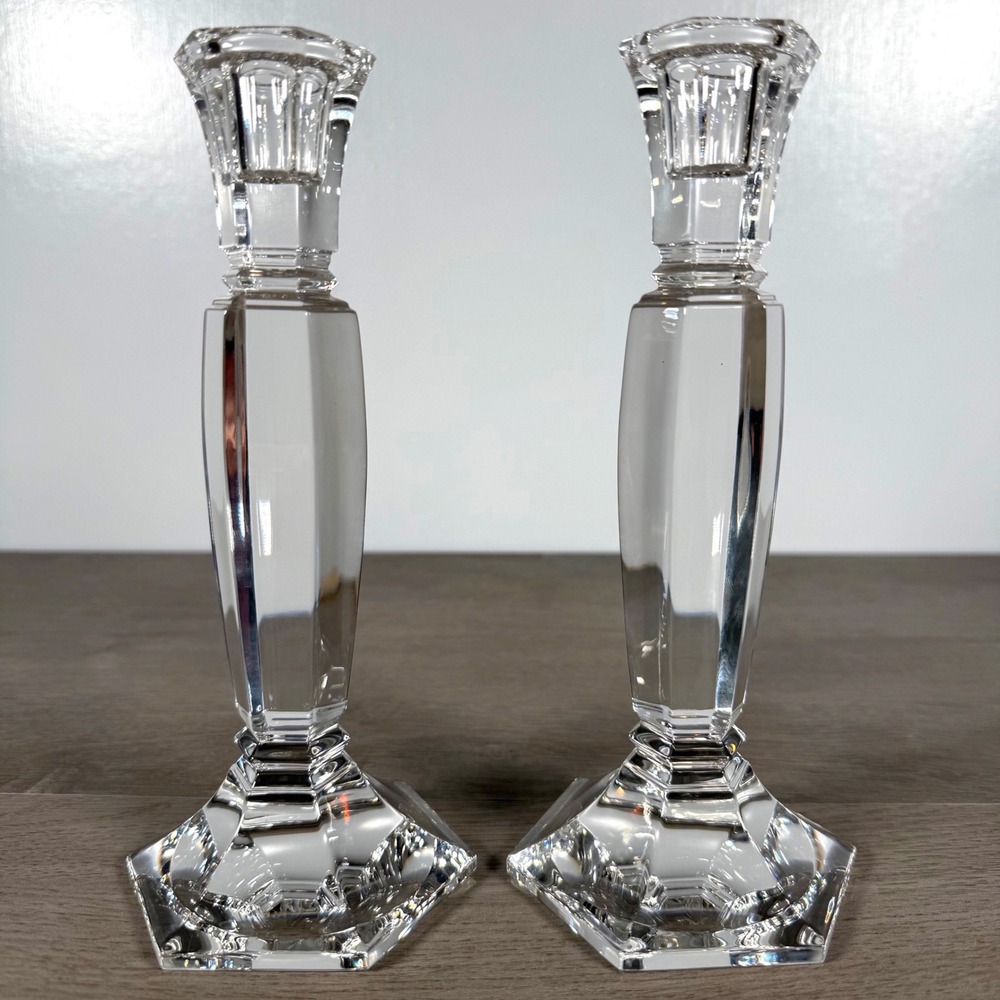 Waterford Crystal Kennedy Candlesticks Pair 8 inch Hexagonal Base Ireland Vtg